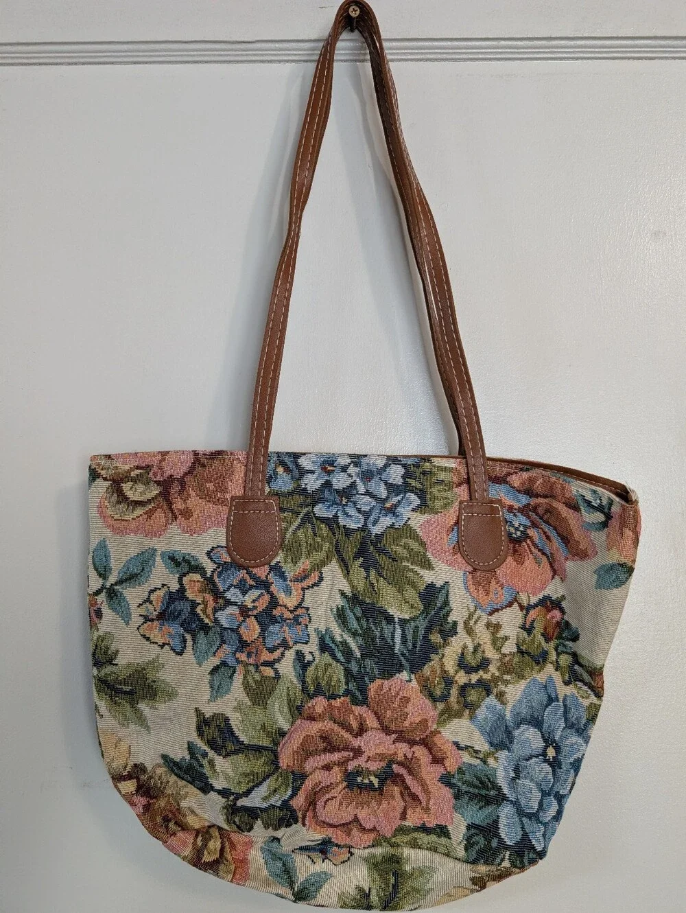 Floral Tapestry Tote with Brown Handles